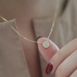 Sterling Silver Pave Round Necklace ,Gold plated Stimulant Pave Circle Disc Neck